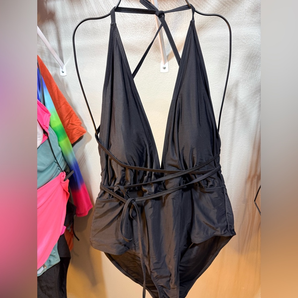 ⚡️Plus Size XXL Black Plunge One Piece Swimsuit Wrap Tie Waist Adjustable Straps